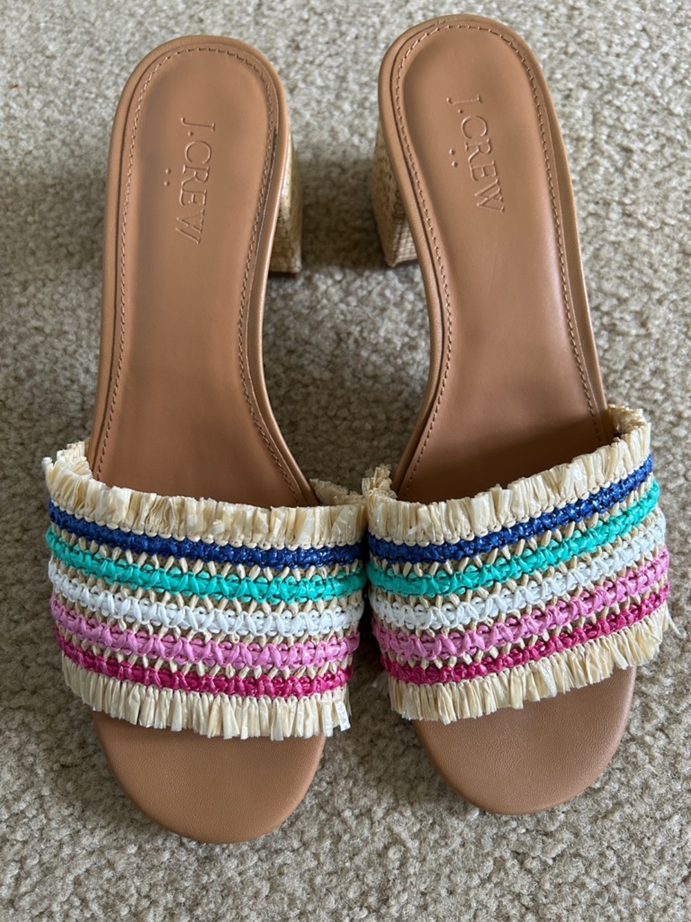 J. Crew Tan Raffia Slide Heels with Multicolor Stripes